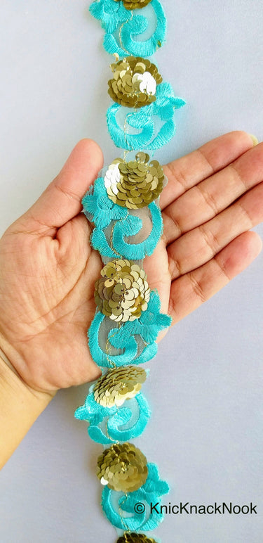 Wholesale Blue Lace Trim, Tissue Fabric Cutwork With Floral Embroidery & Gold Sequins, Indian Embroidery